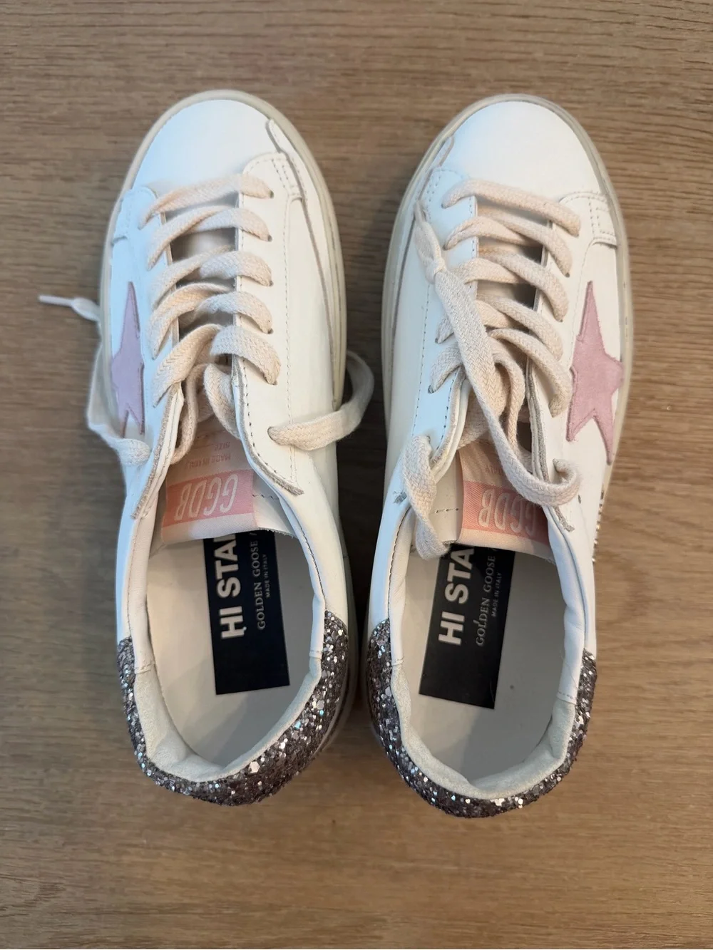 Golden Goose Hi Star with Pink Star and Gold Glitter Heel (never worn)